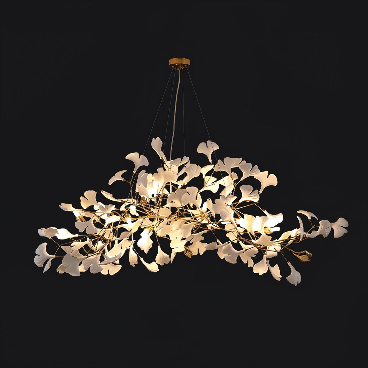 Icho Porcelain Ginkgo Leaf Linear Brass Chandelier