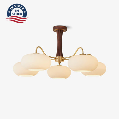 Kaki Brass and Wood Chandelier