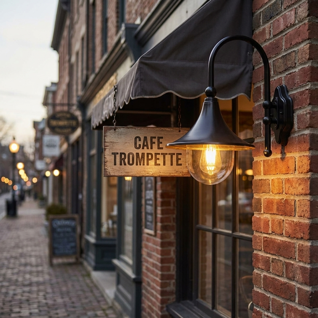 Trompette gooseneck lantern on a main-street cafe storefront at evening