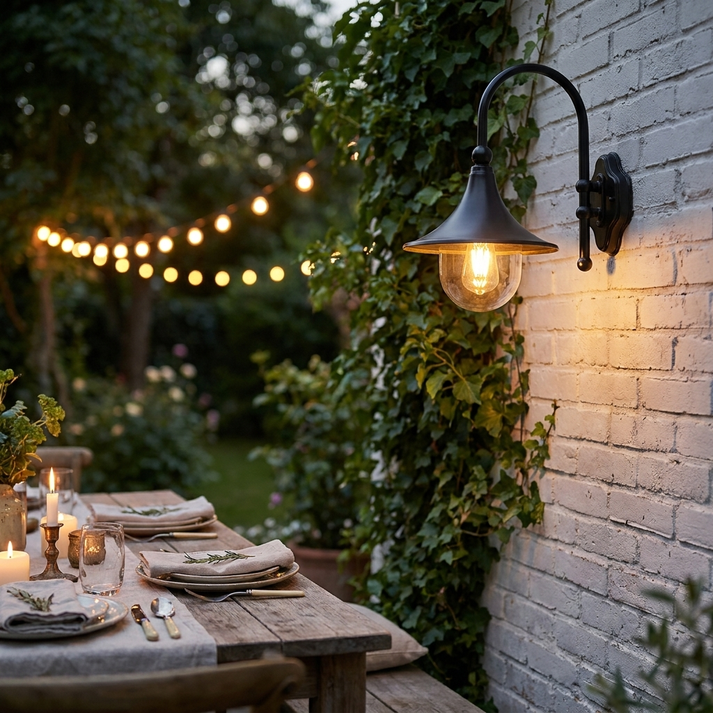 Trompette gooseneck lantern over a cozy backyard patio dining table at twilight