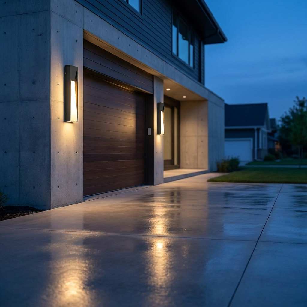 Aurelle wall light beside modern garage door at blue hour