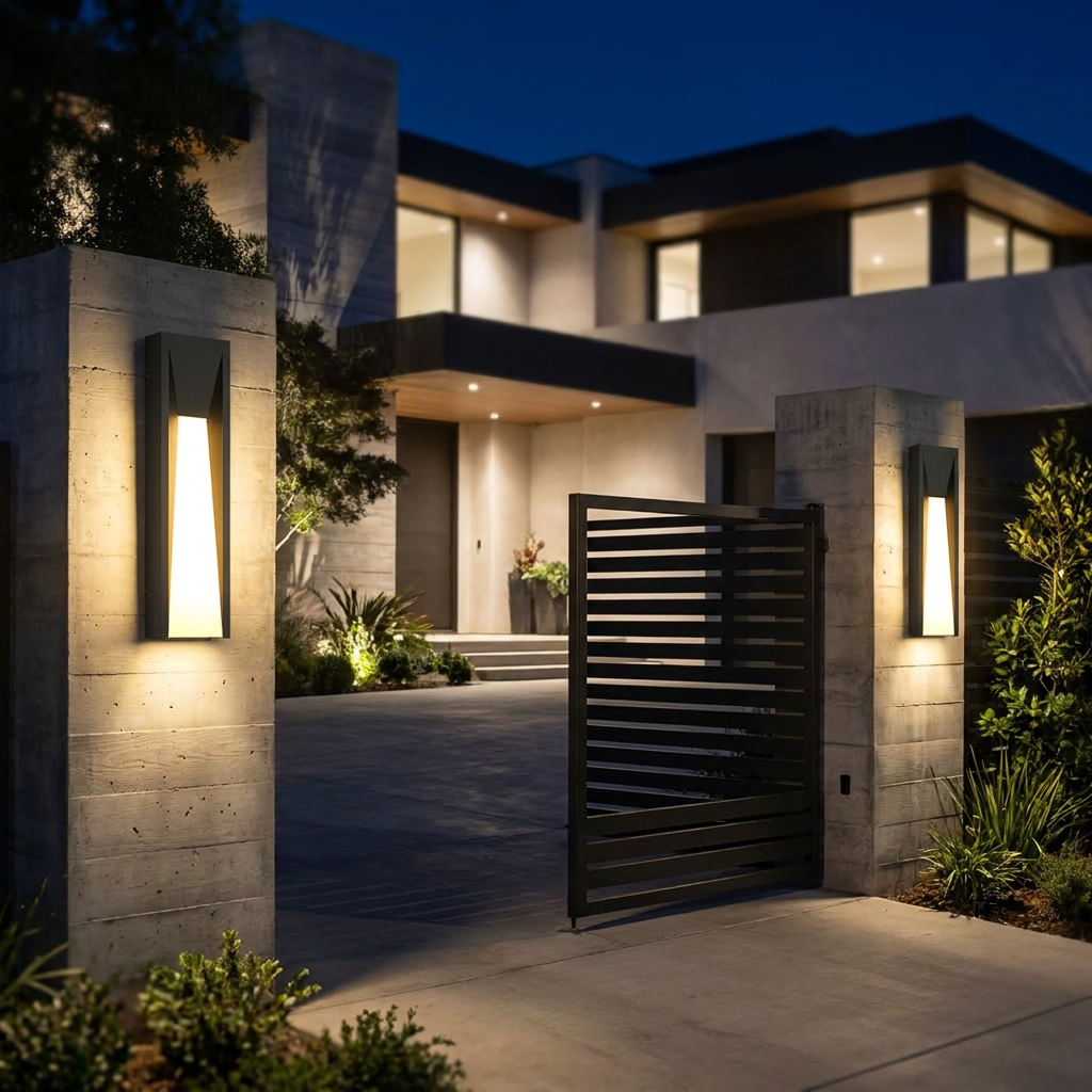 Pair of Aurelle wall lights on modern entry pillars at night