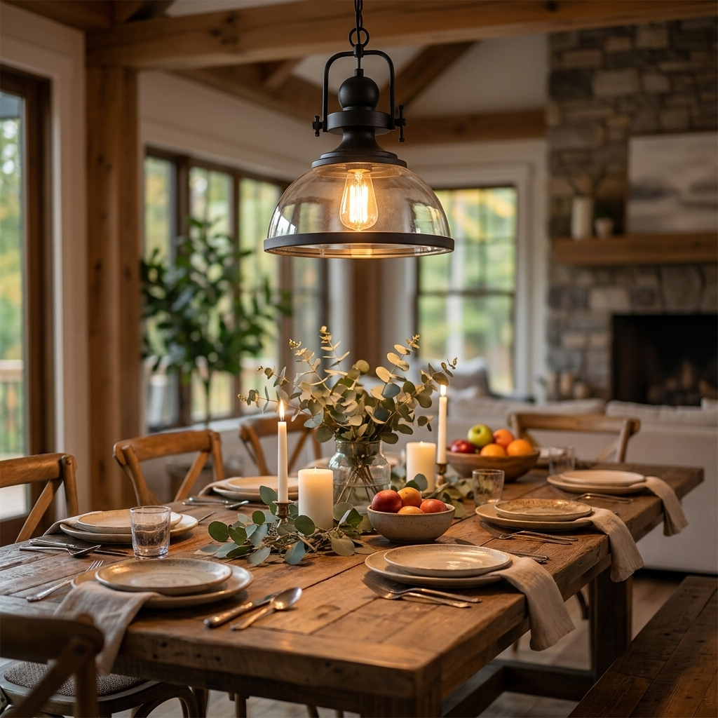 Verdana clear glass pendant over farmhouse dining table