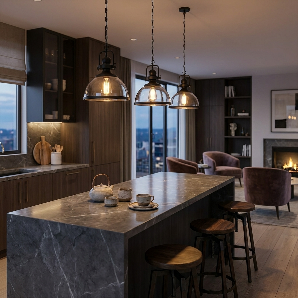 Row of three Verdana pendants over long kitchen island