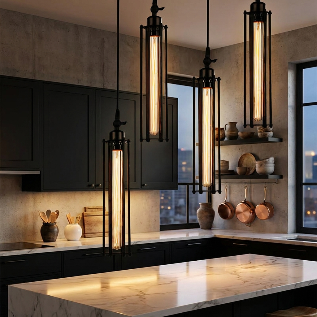 Cadence tube pendant over modern kitchen island