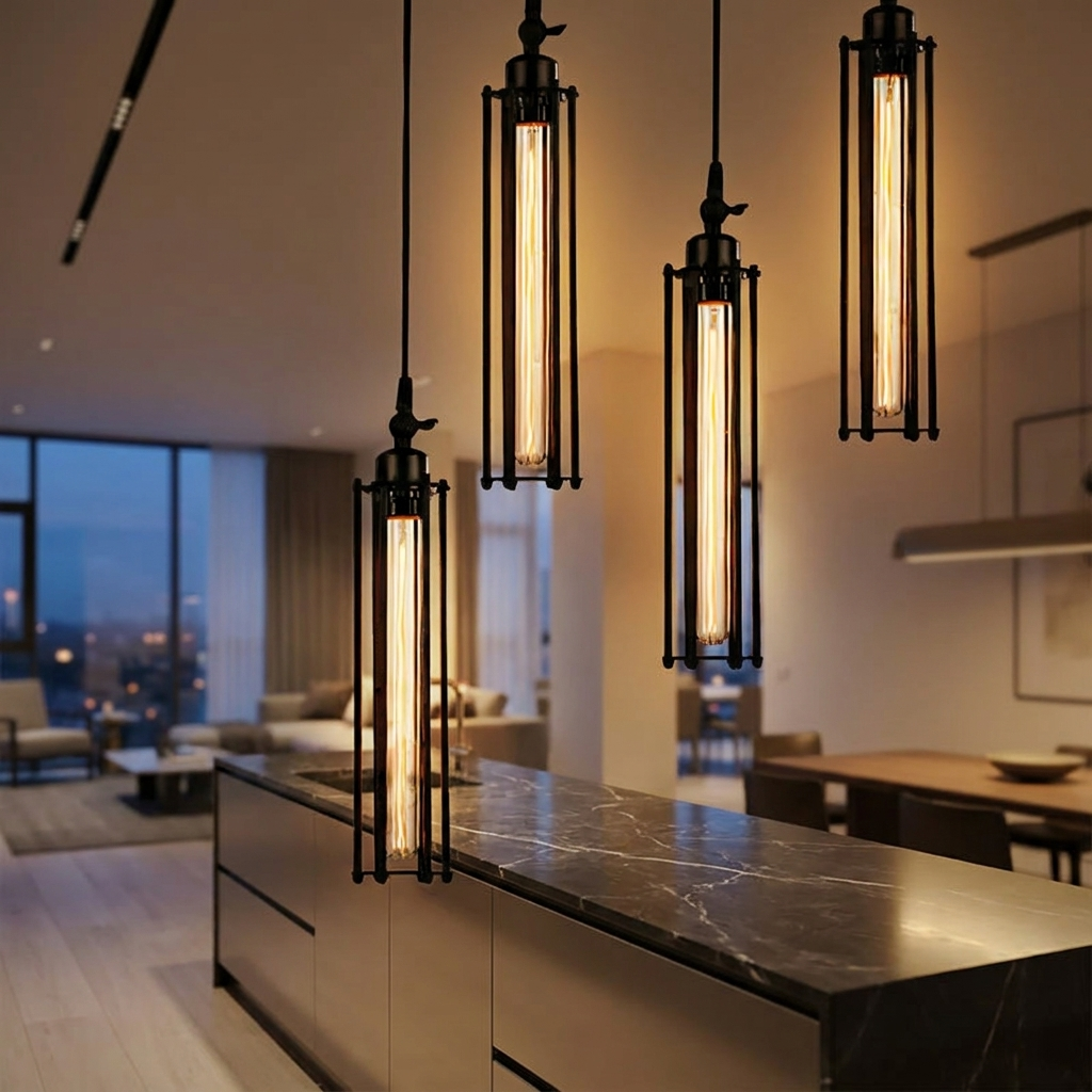 Cluster of three Cadence tube pendants over kitchen island