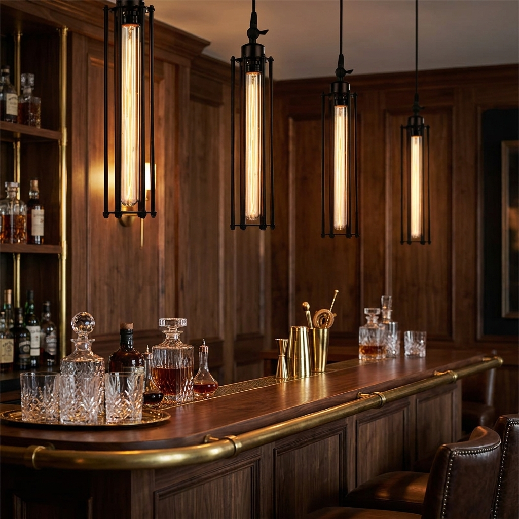 Cadence tube pendant over home bar in moody lounge