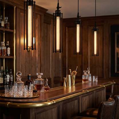 Cadence tube pendant over home bar in moody lounge