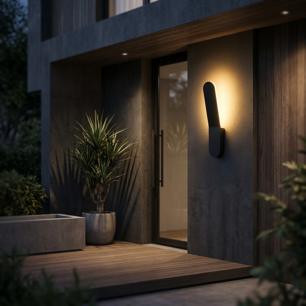Halo backlit sconce black on modern entrance wall at night