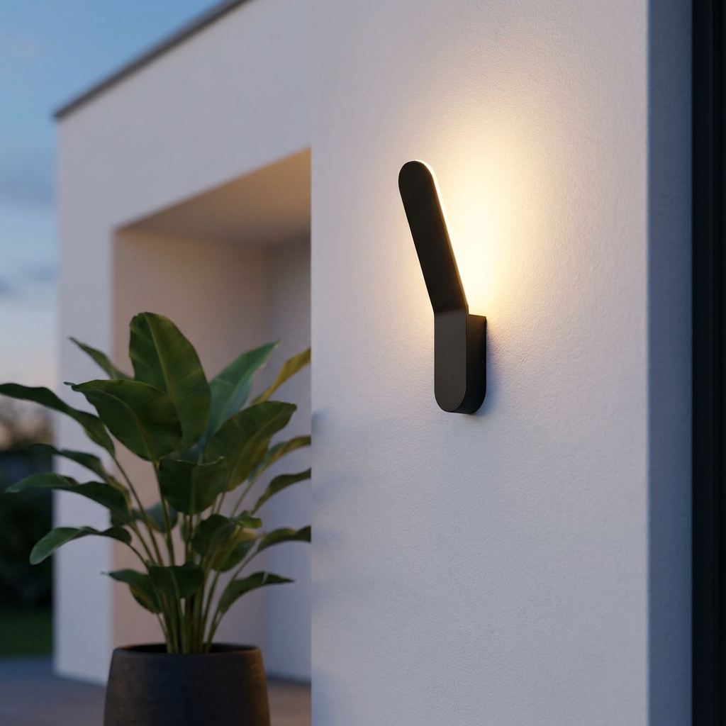 Halo backlit sconce white on stucco wall at twilight