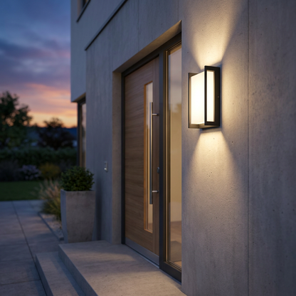 Étage wall light beside modern entrance at dusk