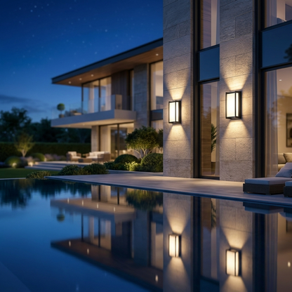 Pair of Étage wall lights on luxury villa facade at night