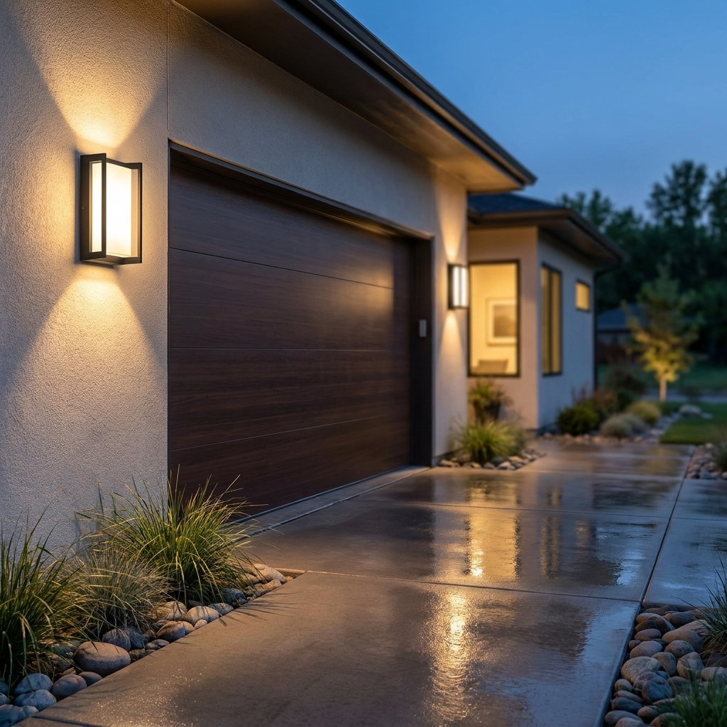Étage wall light beside modern garage door at blue hour