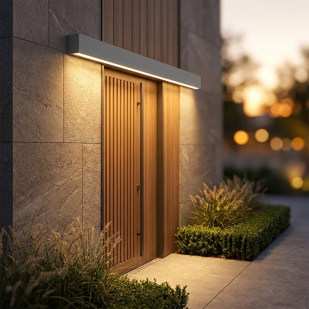 Ligne porch light above modern front door at dusk