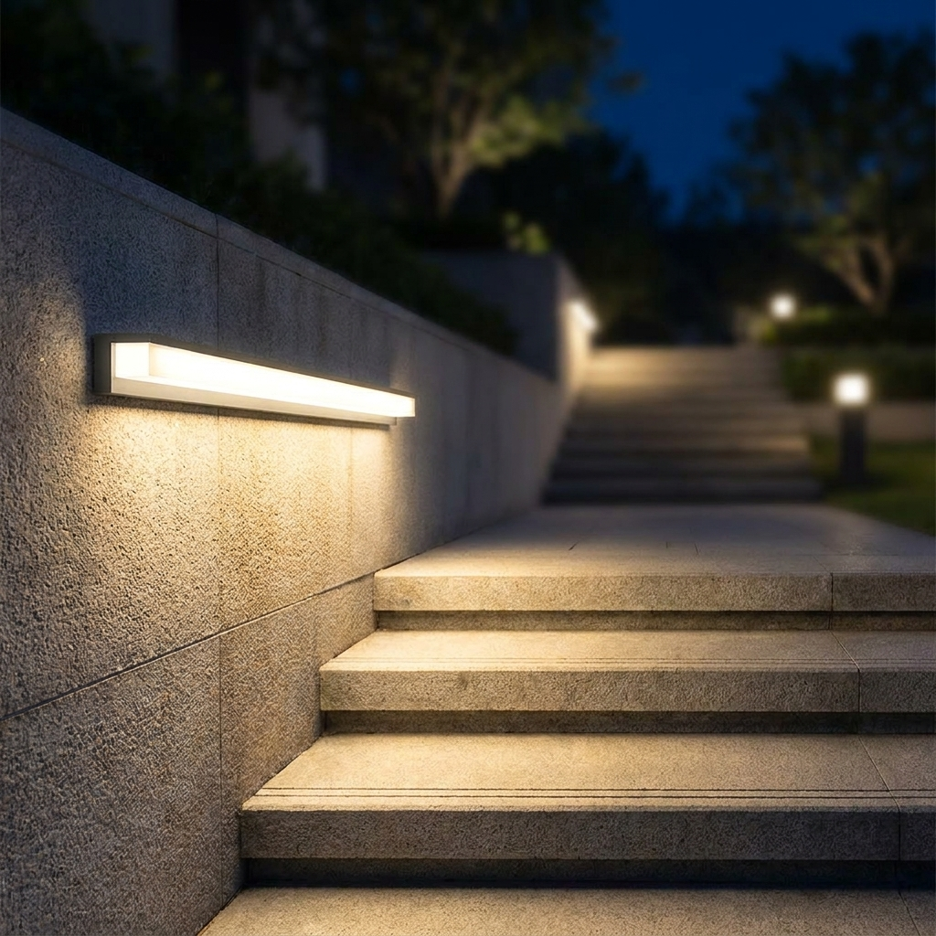 Ligne light as step-light along exterior staircase at night