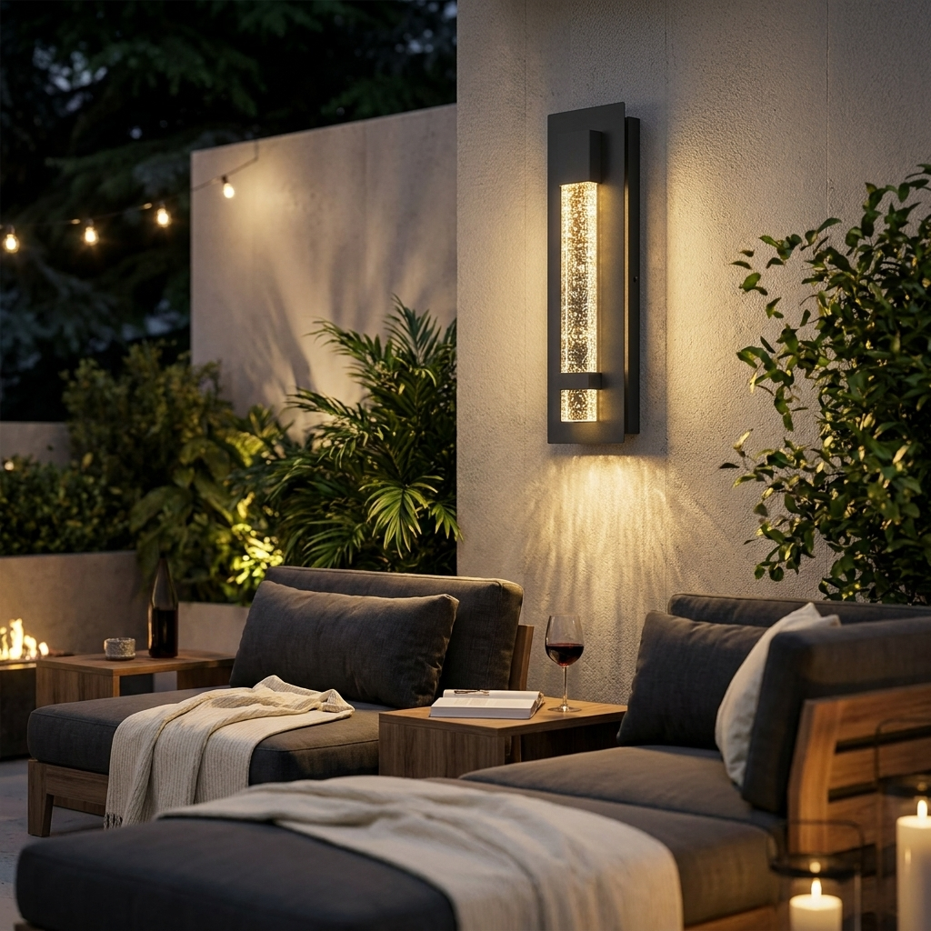 Perle bubble-glass sconce on backyard patio wall at night