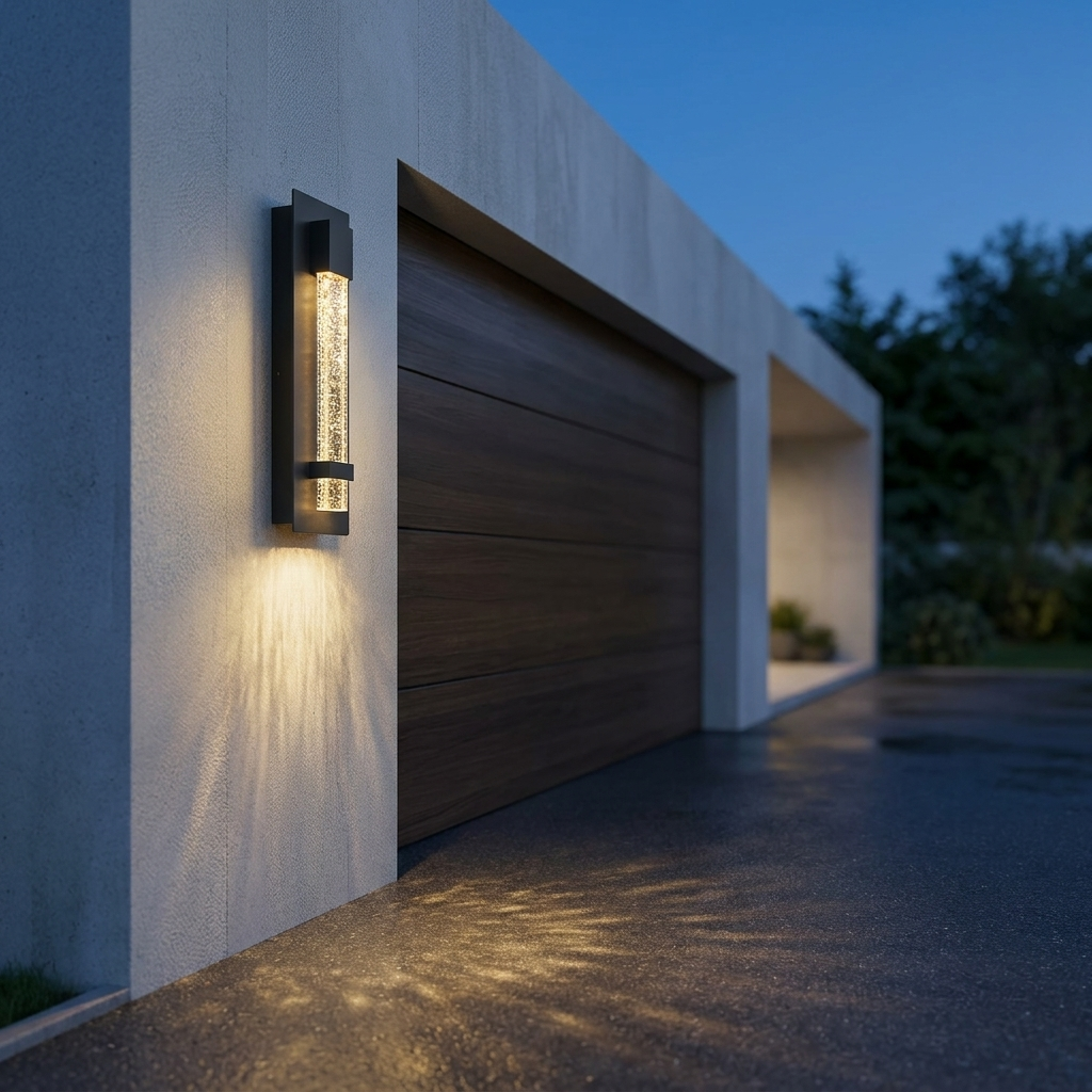 Perle bubble-glass sconce beside modern garage door at blue hour