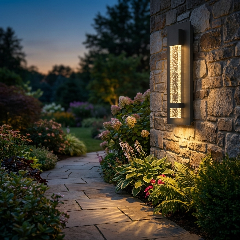 Perle bubble-glass sconce on stone garden wall along pathway at dusk