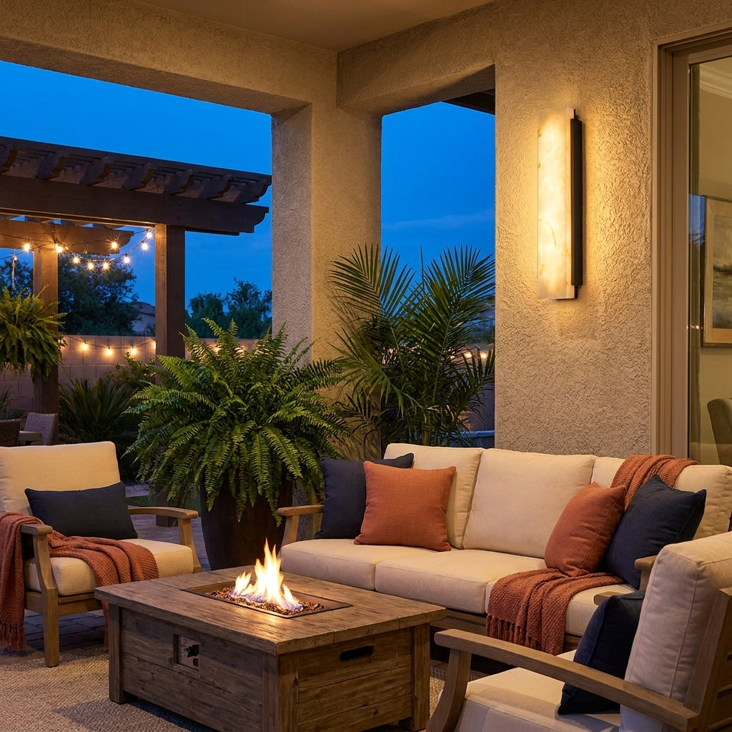 Onyx Outdoor LED Wall Light on a covered patio at twilight