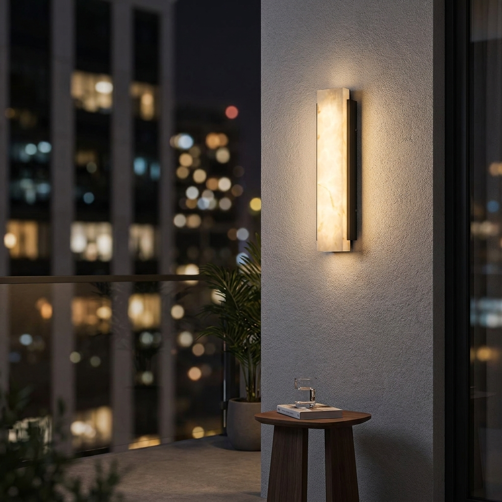 Onyx Outdoor LED Wall Light on a contemporary balcony at night