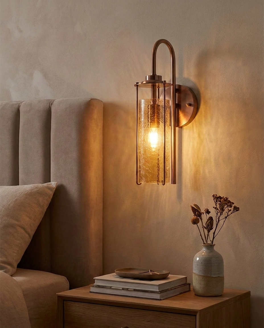 Ember Copper Cracked Glass Wall Sconce in modern bedroom