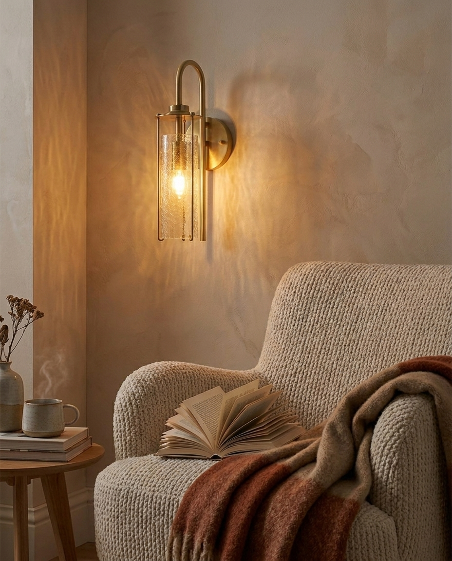 Ember Copper Cracked Glass Wall Sconce by reading nook