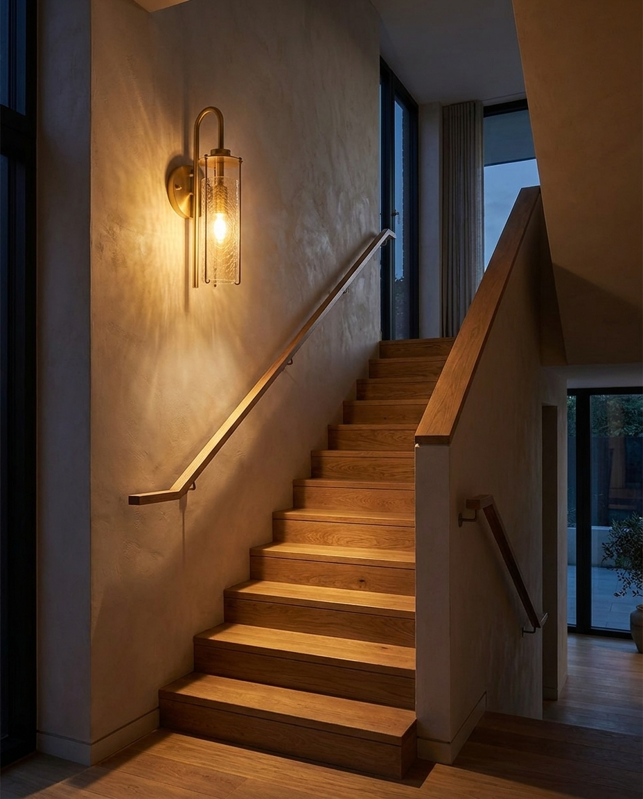 Ember Copper Cracked Glass Wall Sconce along staircase
