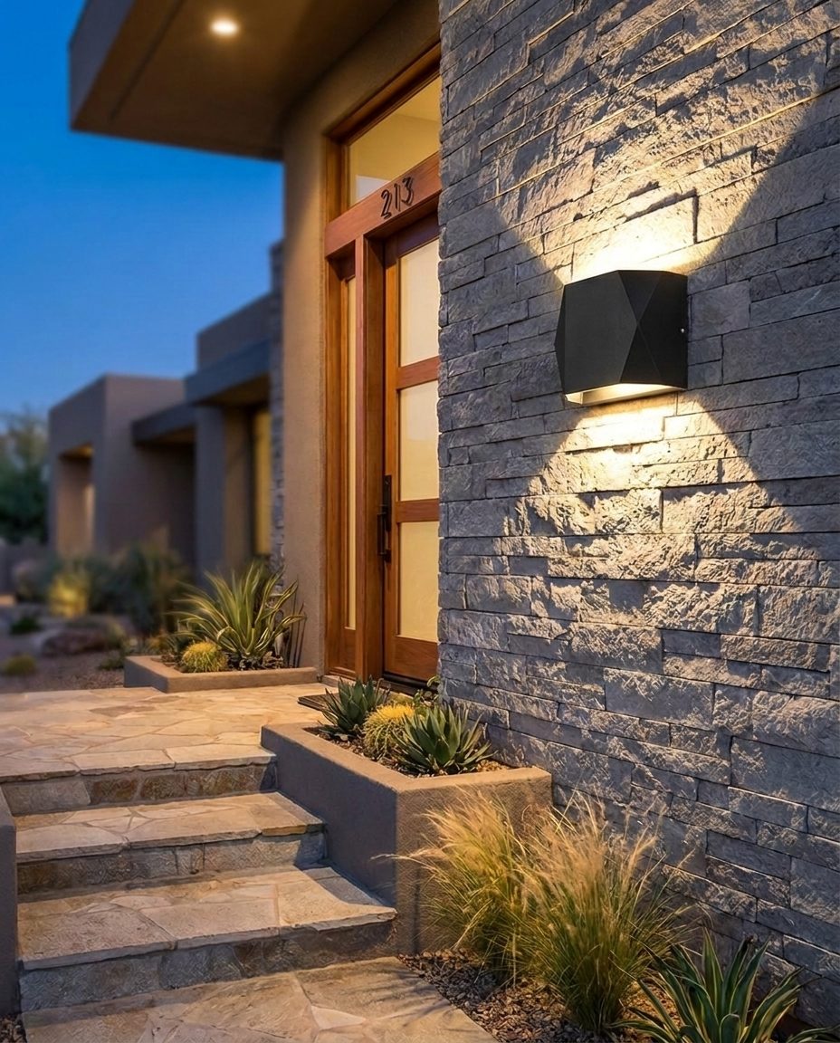 Vertex Geometric LED Outdoor Wall Sconce Black by front door