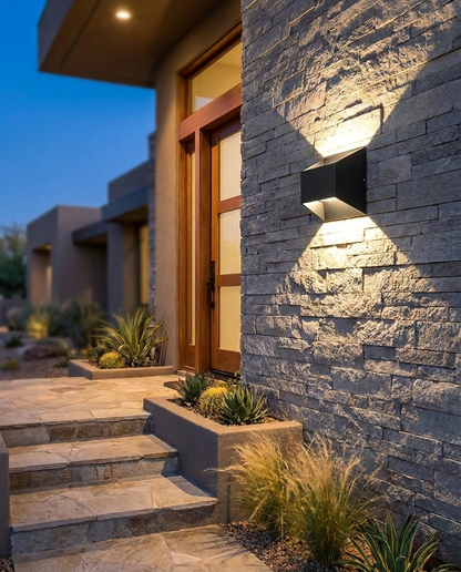 Vertex Geometric LED Outdoor Wall Sconce Black on staircase