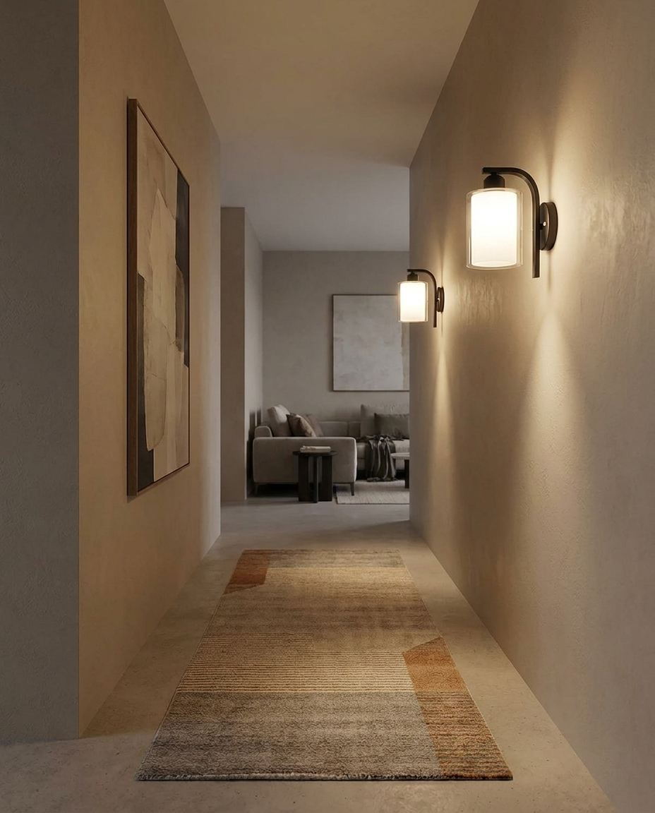 Pillar Black Cylindrical Glass Wall Sconce in hallway