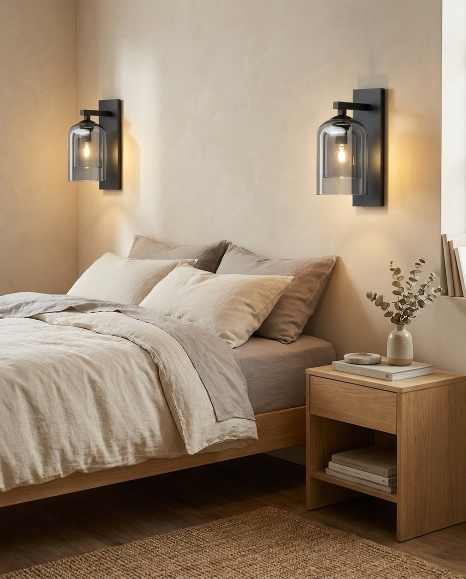 Halo Double Layer Glass Wall Sconce Smoke Gray in bedroom