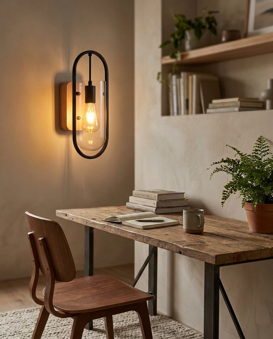 Timber Retro Wood Glass Wall Sconce Transparent in home office
