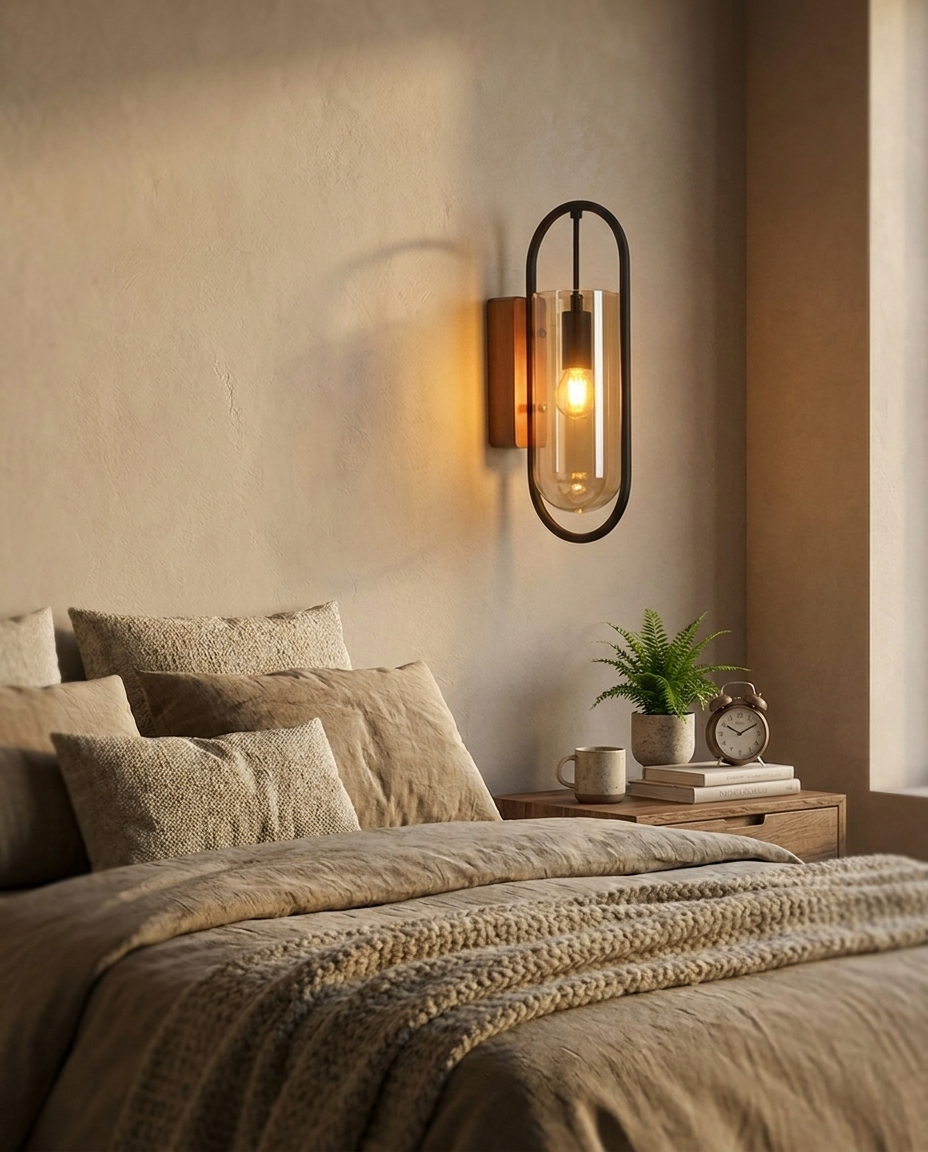 Timber Retro Wood Glass Wall Sconce Brown in bedroom