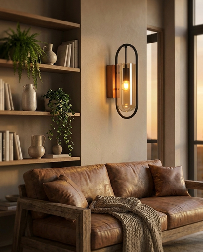 Timber Retro Wood Glass Wall Sconce Brown in living room