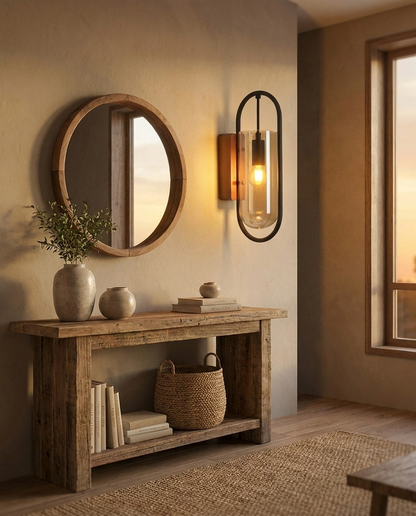 Timber Retro Wood Glass Wall Sconce Brown in entryway