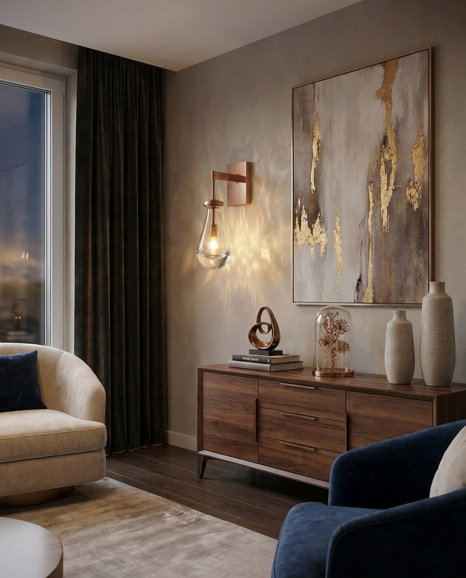 Cascade Crystal Water Drop Wall Sconce Copper in living room