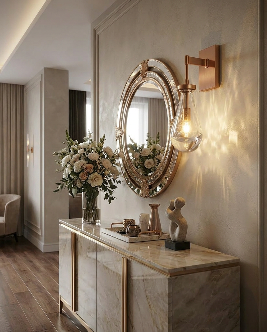 Cascade Crystal Water Drop Wall Sconce Copper in entryway
