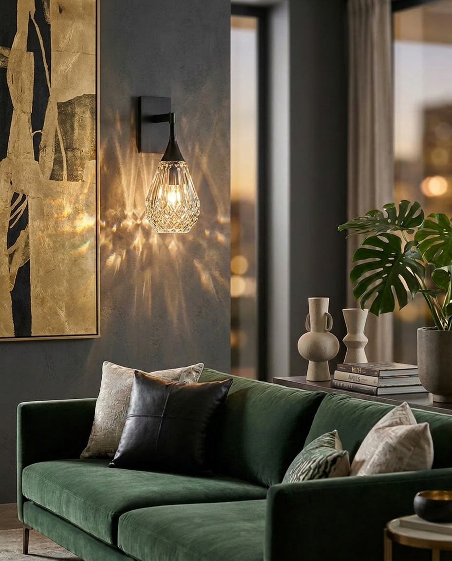 Cascade Crystal Water Drop Wall Sconce Black in living room