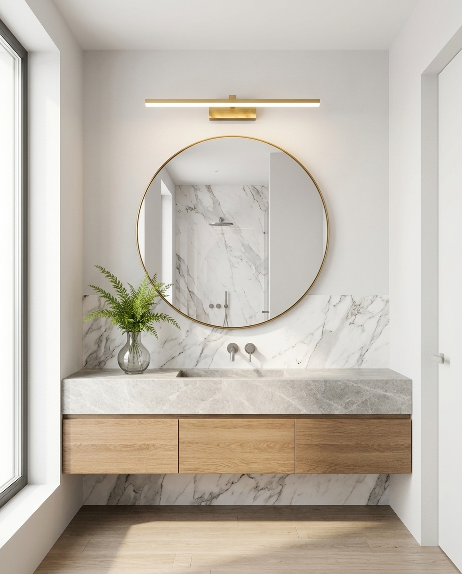 Lumera Mirror Light mounted above a floating stone vanity in a bright modern bathroom