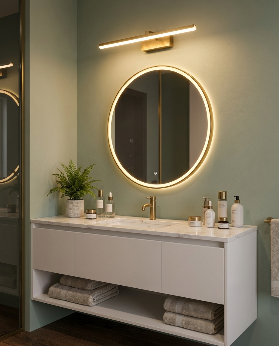 Lumera Mirror Light on a sage-green wall above a white vanity, warm ambiance