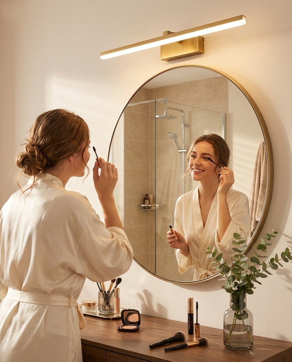 Woman applying makeup using the Lumera Mirror Light