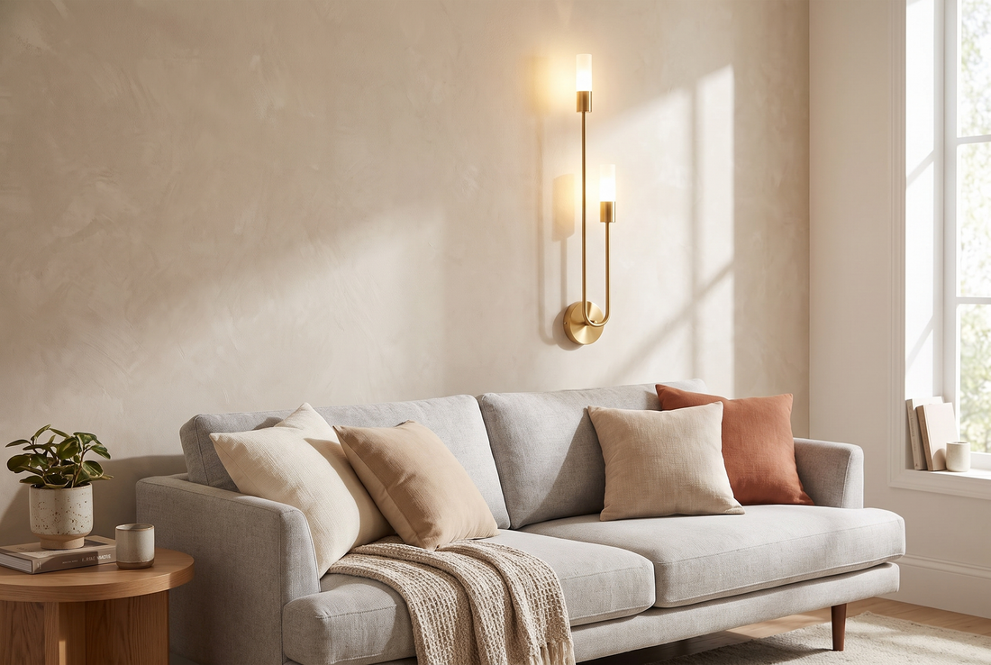 Gemini Dual Head LED Wall Sconce mounted above a living room sofa