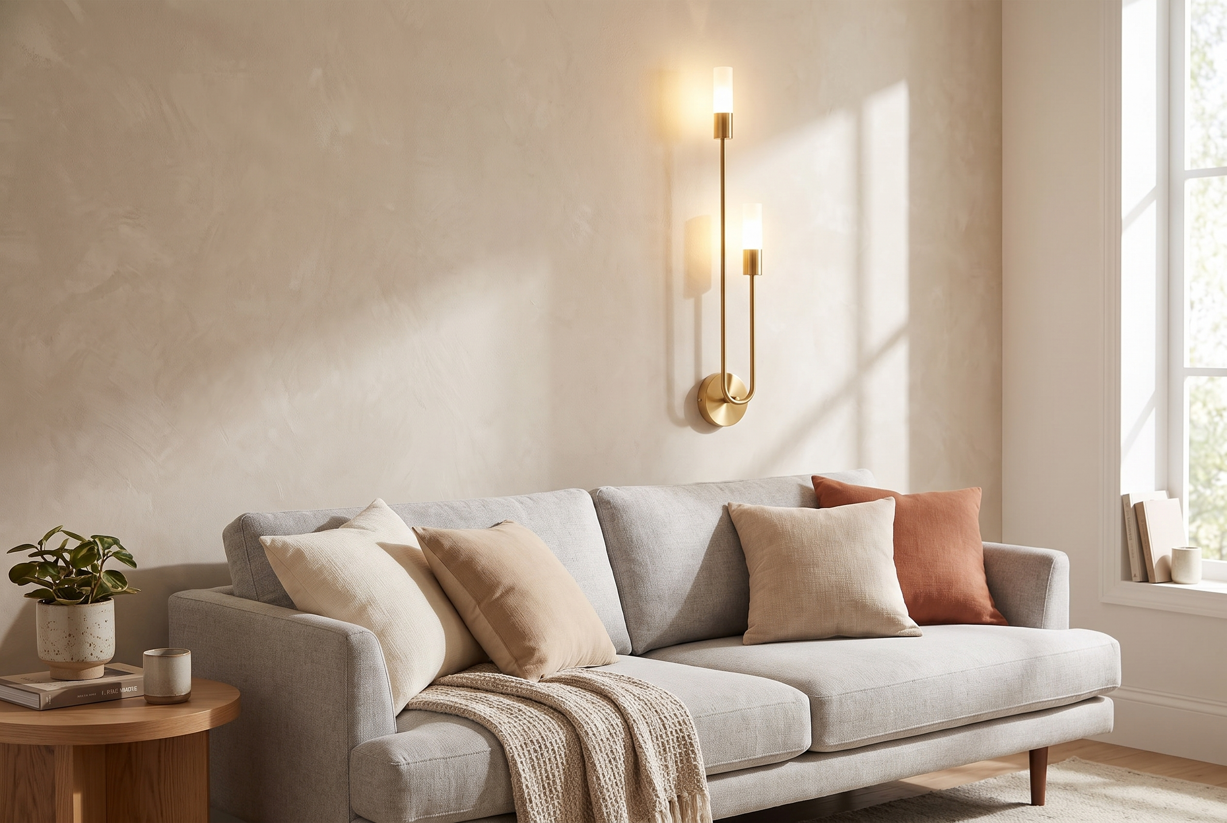 Gemini Dual Head LED Wall Sconce mounted above a living room sofa