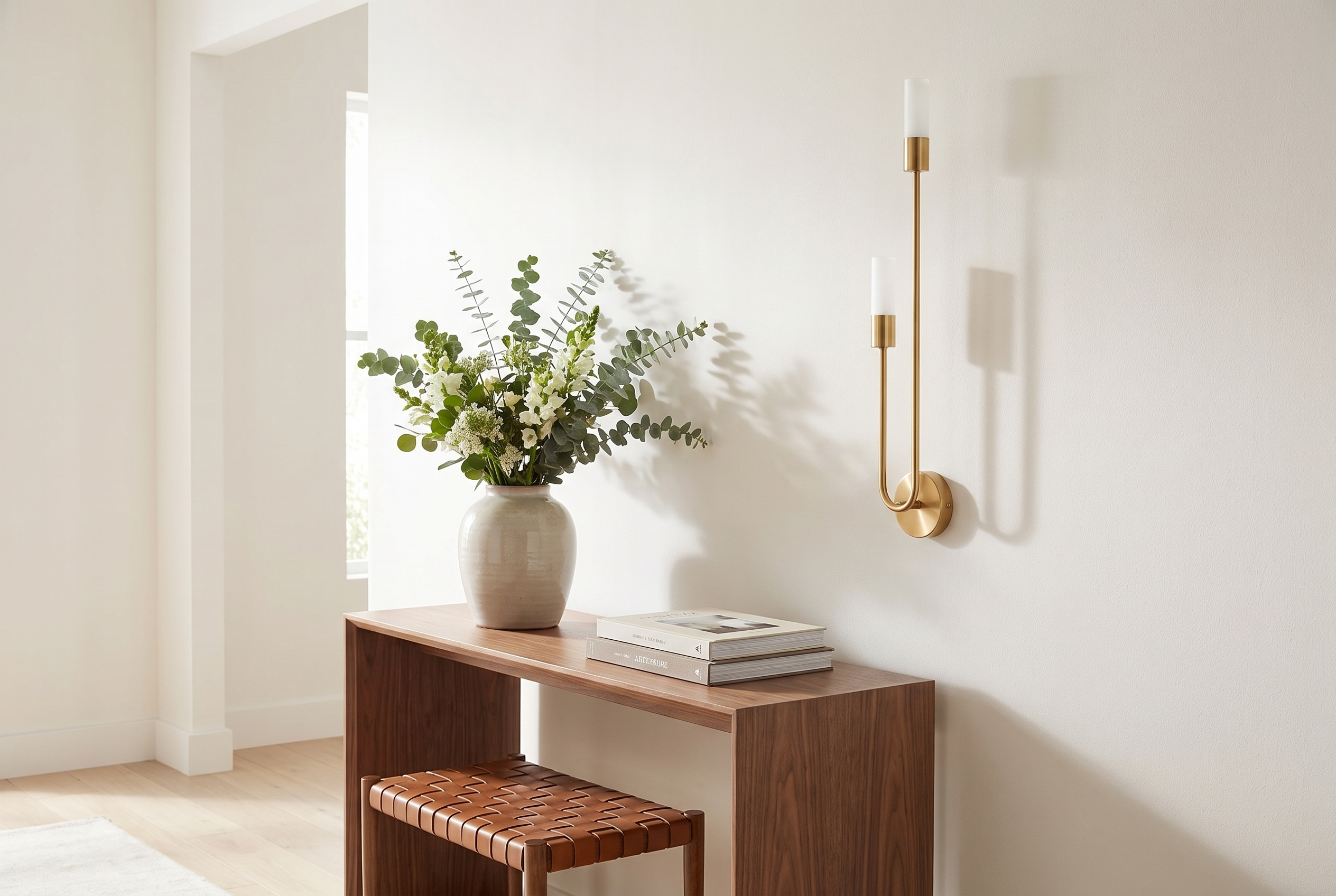 Gemini Dual Head LED Wall Sconce in a modern entryway hallway