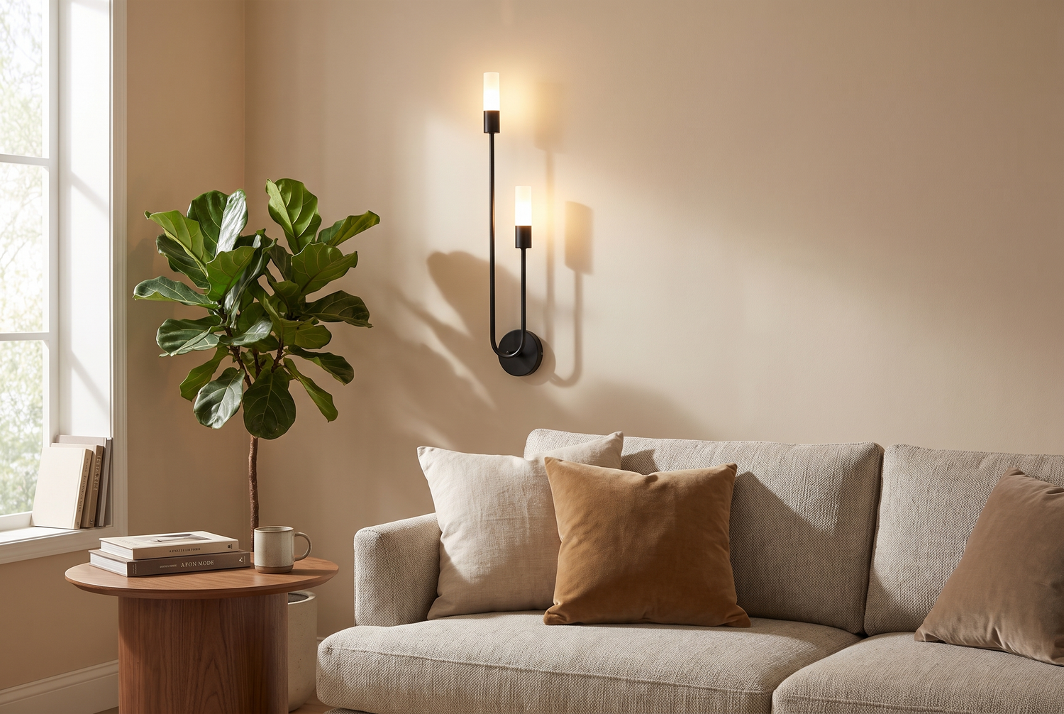Black Gemini Dual Head LED Wall Sconce above a living room sofa