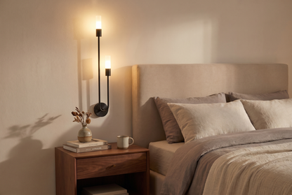 Black Gemini Dual Head LED Wall Sconce in a minimalist bedroom