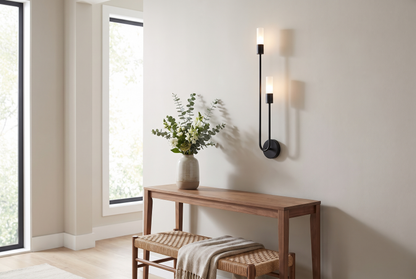 Black Gemini Dual Head LED Wall Sconce in a modern entryway hallway