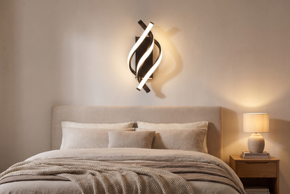Helix Spiral LED Wall Sconce in a minimalist bedroom