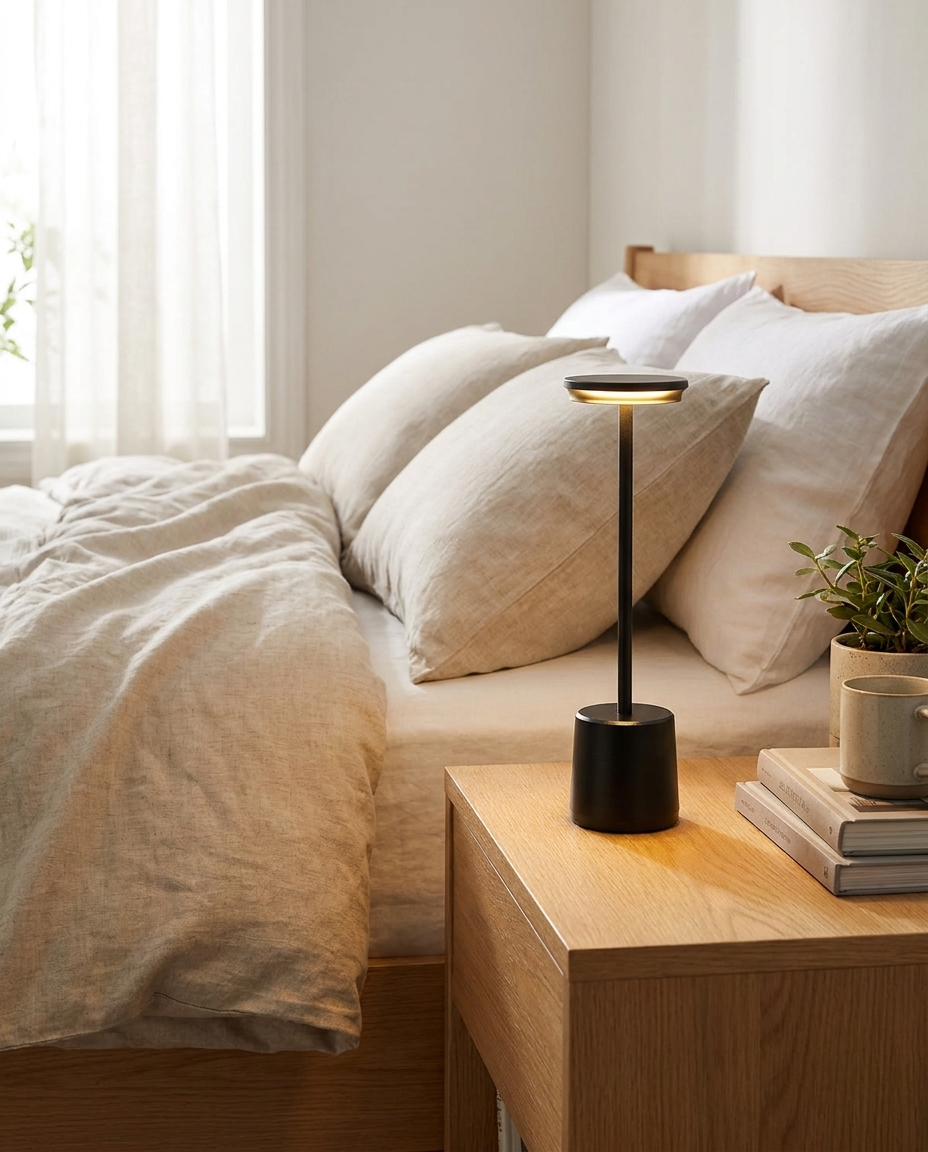 Lumen black cordless LED table lamp on a bedroom nightstand