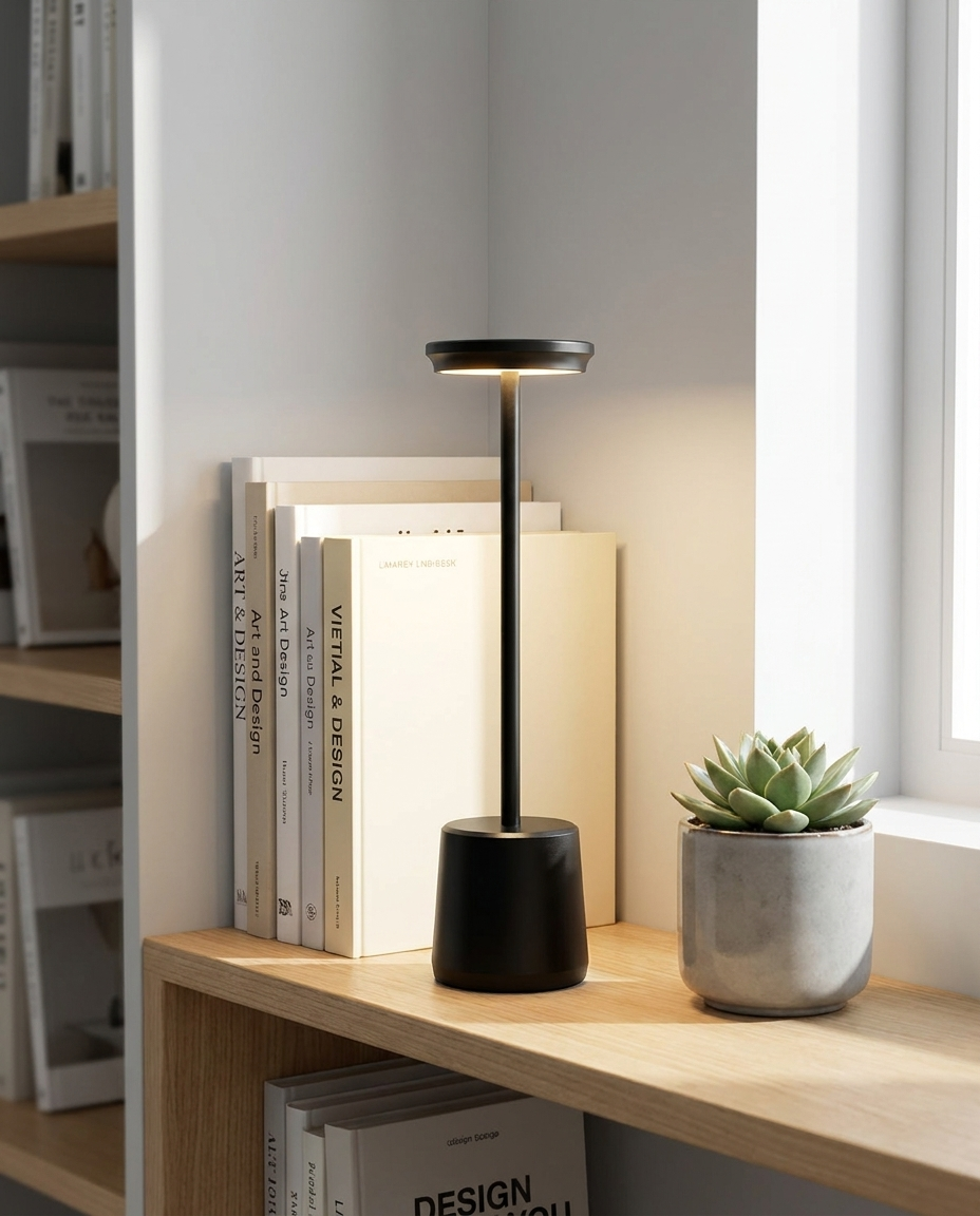 Lumen black cordless LED table lamp on a bookshelf ledge